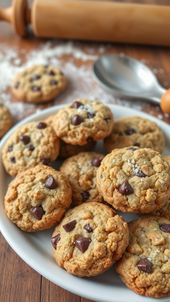 A platter of assorted cookies including chocolate chip, oatmeal raisin, and peanut butter cookies, set on a rustic kitchen counter.
